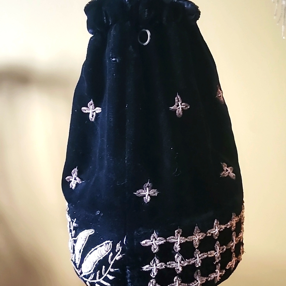 Elegant Black Velvet Drawstring Bag Potli style bucket bag, Made in India,